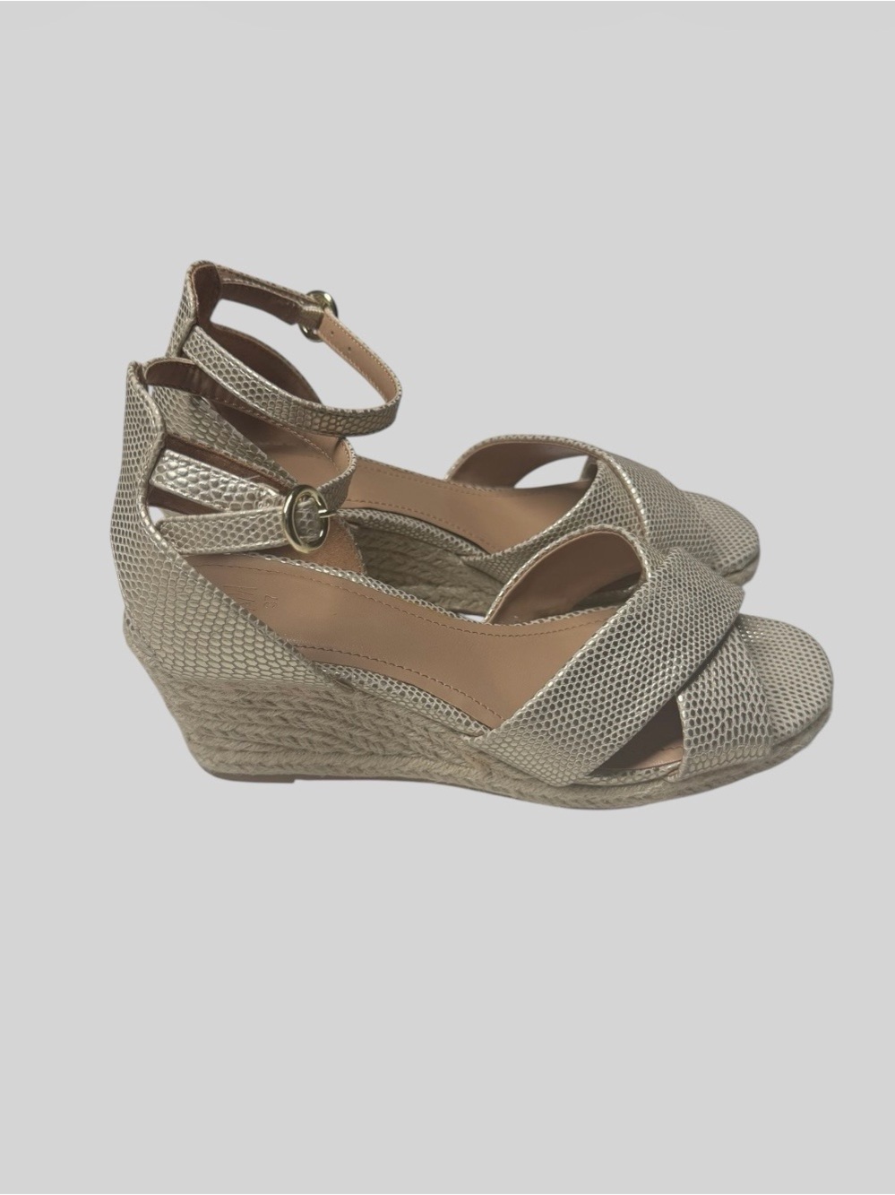 H&M Metallic Gold Wedge Espadrille Sandals with Ankle Strap